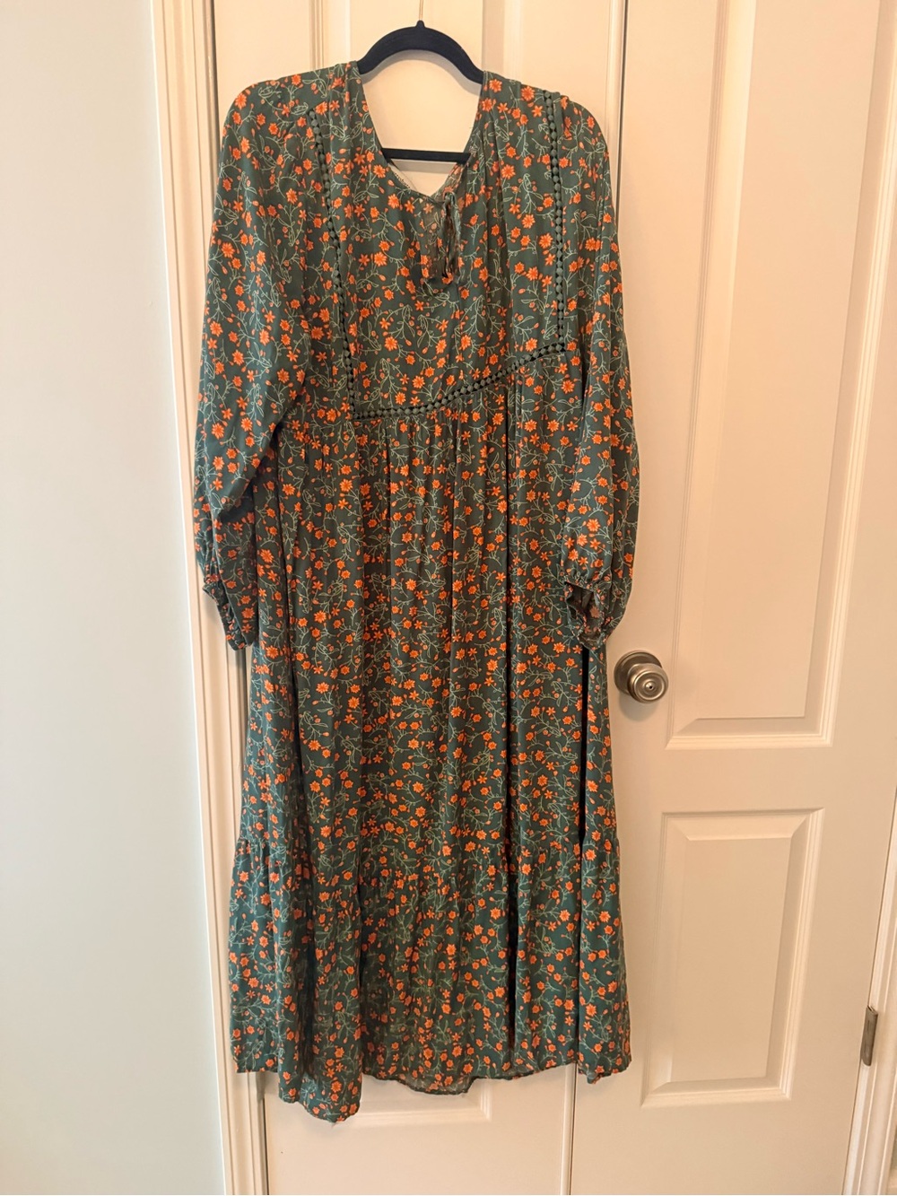Long Sleeve Floral Maxi Dress in Green with Orange Accents